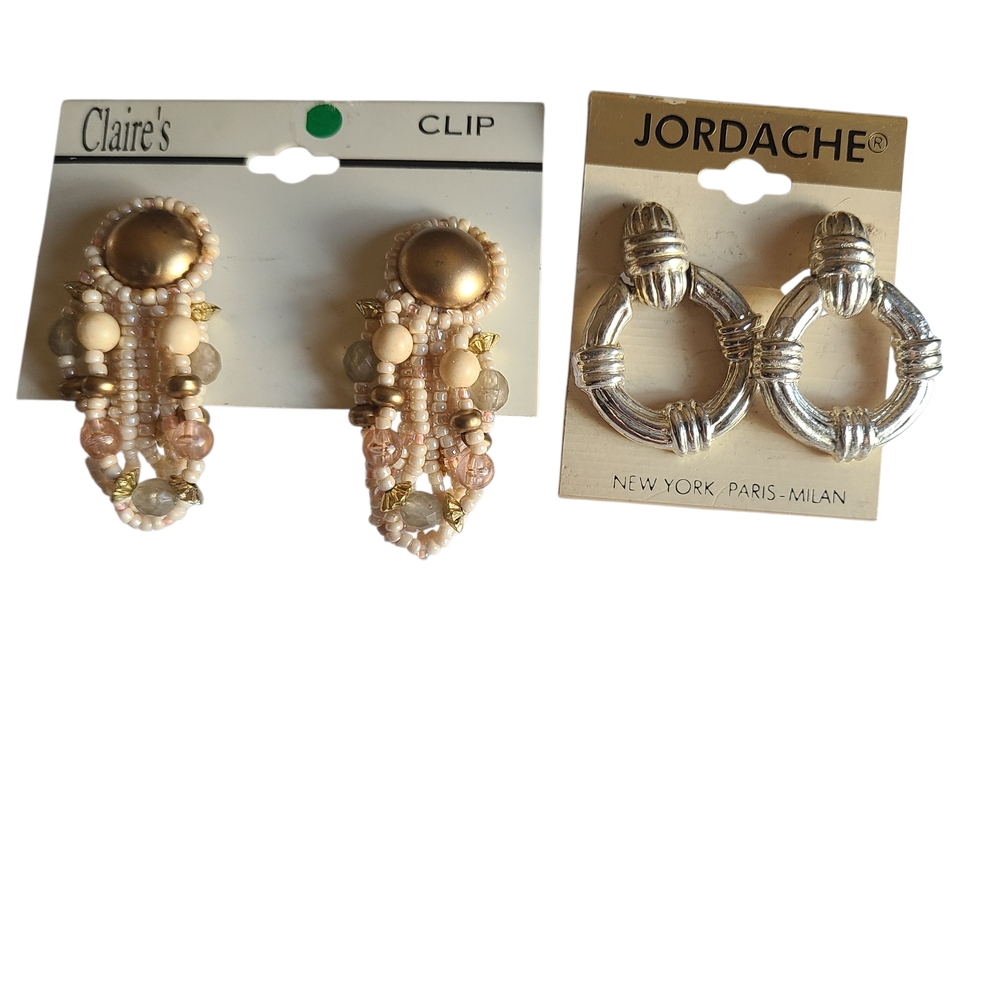 LOT 2 Vintage Clip On Earrings Jordache Silver Door Knocker & Claire's Beaded